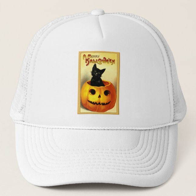 Halloween Kitty Sitting in Jack O Lantern Trucker Hat (Front)