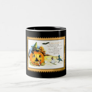 Halloween Kitty Sitting in Jack O Lantern Two-Tone Coffee Mug