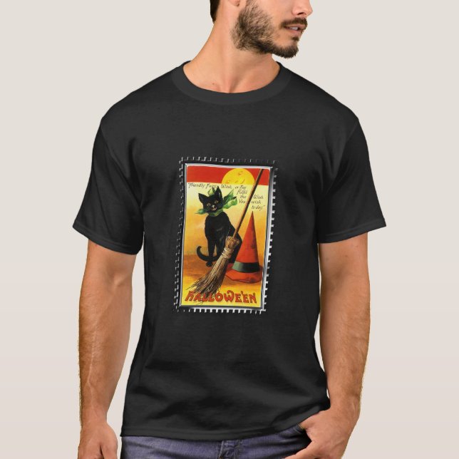 Halloween Kitty Sitting Witches Hat T-Shirt (Front)