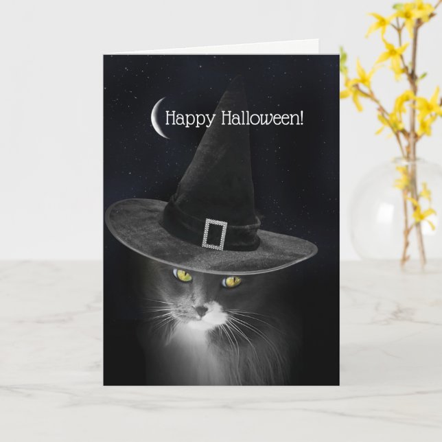 Halloween Kitty with Witch Hat Darling and Cute Card (Yellow Flower)