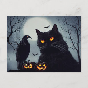 Halloween Kürbisse Katze und Rabe bei Vollmond. Postcard