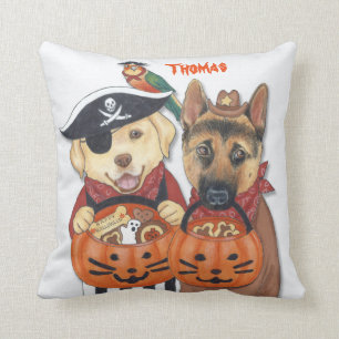 Halloween Lab, Shepherd, and Parrot in Costumes Cushion