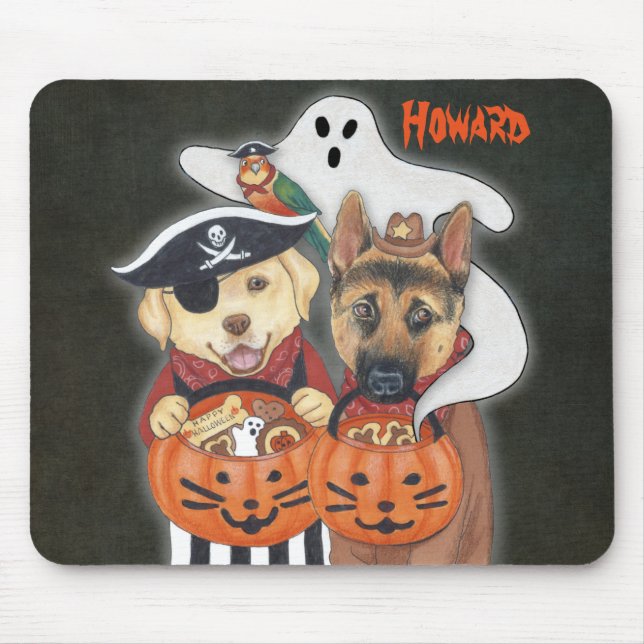 Halloween Lab, Shepherd, and Parrot in Costumes Mouse Pad (Front)