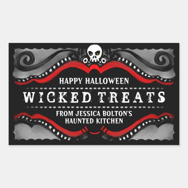 Halloween Label Treats & Drinks Black White & Red (Front)