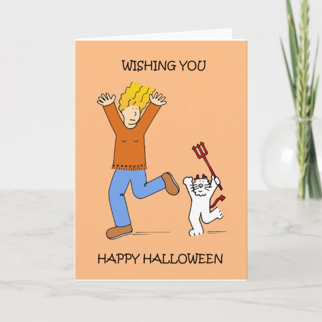Halloween Lady and White Cat in Costume Card (Front)