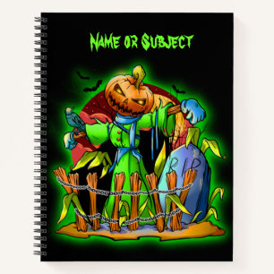 Halloween Lady Scarecrow Pumpkin Head RIP Bat Name Notebook