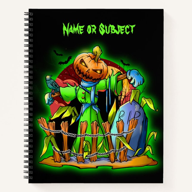 Halloween Lady Scarecrow Pumpkin Head RIP Bat Name Notebook (Front)