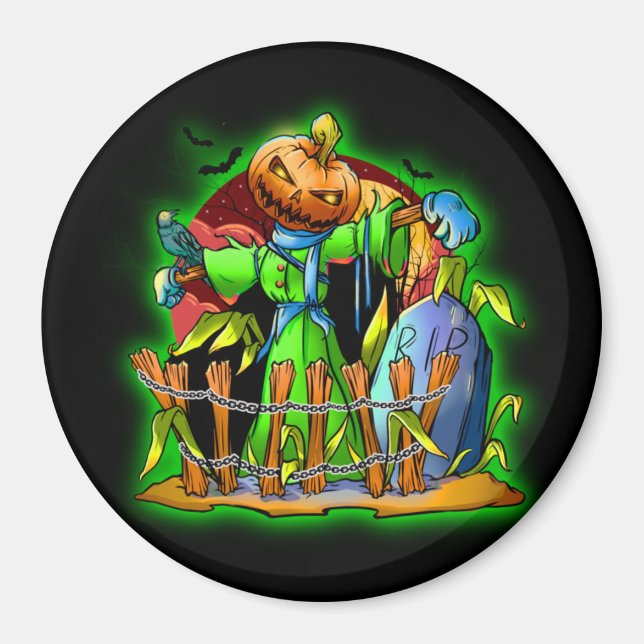 Halloween Lady Scarecrow Pumpkin Head RIP Bats Magnet (Front)