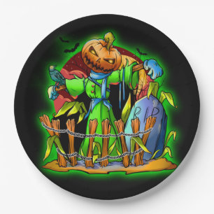 Halloween Lady Scarecrow Pumpkin Head RIP Bats  Paper Plate