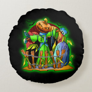 Halloween Lady Scarecrow Pumpkin Head RIP Bats Round Cushion