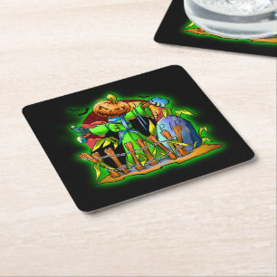 Halloween Lady Scarecrow Pumpkin Head RIP Bats Square Paper Coaster