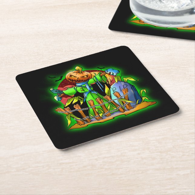 Halloween Lady Scarecrow Pumpkin Head RIP Bats  Square Paper Coaster (Angled)