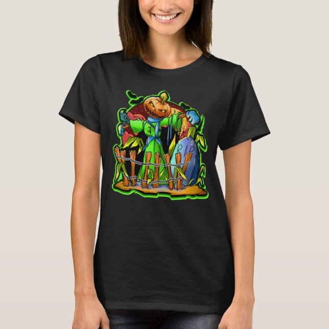 Halloween Lady Scarecrow Pumpkin Head RIP Bats     T-Shirt (Front)
