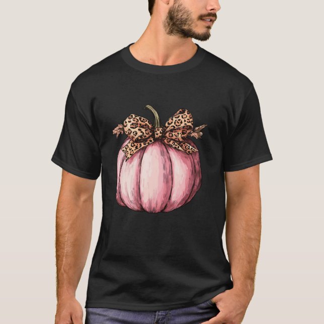 Halloween Leopard Pink Pumpkin Coquette Bow Fall V T-Shirt (Front)