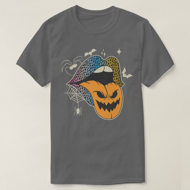 Halloween Leopard Rainbow Lips Women Pumpkin Tongu T-Shirt (Design Front)