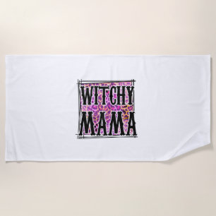 Halloween Leopard Witchy Mama Birthday Beach Towel