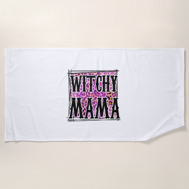 Halloween Leopard Witchy Mama Birthday Beach Towel (Front)