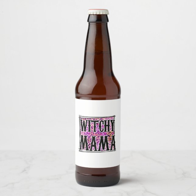 Halloween Leopard Witchy Mama Birthday Beer Bottle Label (Front)