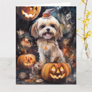 Halloween Lhasa Apso With Pumpkins Scary Card
