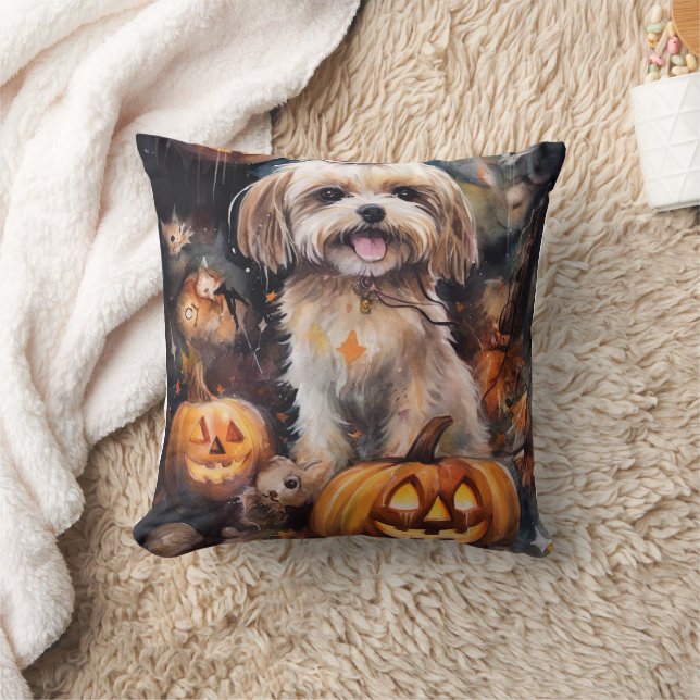 Halloween Lhasa Apso With Pumpkins Scary  Cushion (Blanket)