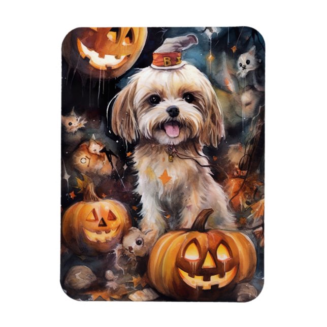 Halloween Lhasa Apso With Pumpkins Scary  Magnet (Vertical)