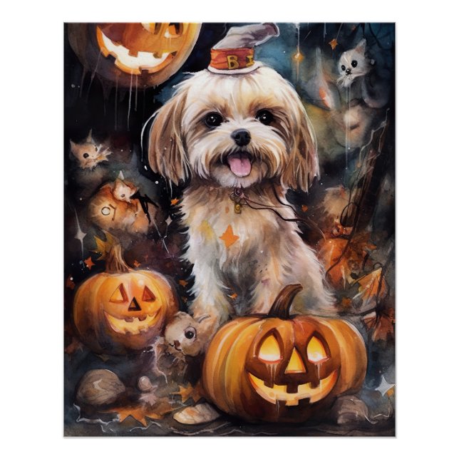 Halloween Lhasa Apso With Pumpkins Scary  Poster (Front)