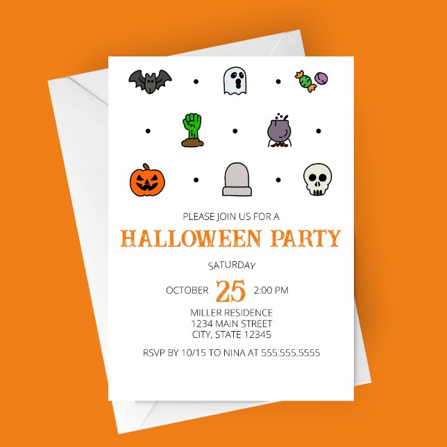 Halloween Line Icons Halloween Party Invitation (Halloween icons Halloween Party Invitation | Bat, Ghost, Candy, Zombie, Cauldron, Tombstone, Skull)