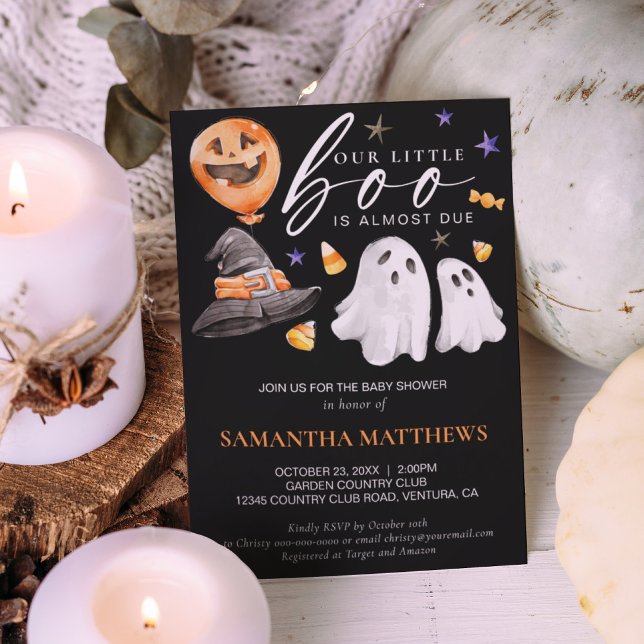 Halloween Little Boo Baby Shower Black Invitation (Little boo is almost due Halloween black invitation with watercolor ghosts and candy corn.)