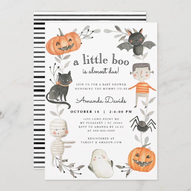 Halloween Little Boo Pumpkin Cute Fall Baby Shower Invitation (Front/Back)