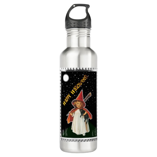 Halloween - Little Girl with Broom and Black Cat 710 Ml Water Bottle (Front)