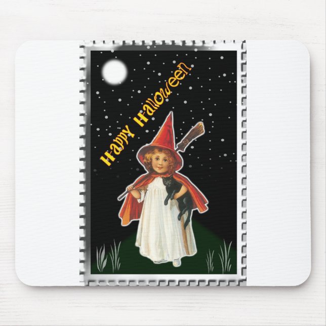 Halloween - Little Girl with Broom and Black Cat Mouse Pad (Front)