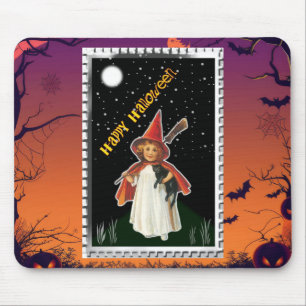 Halloween - Little Girl with Broom and Black Cat Mouse Pad