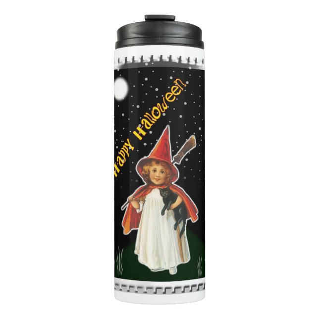 Halloween - Little Girl with Broom and Black Cat Thermal Tumbler (Front)