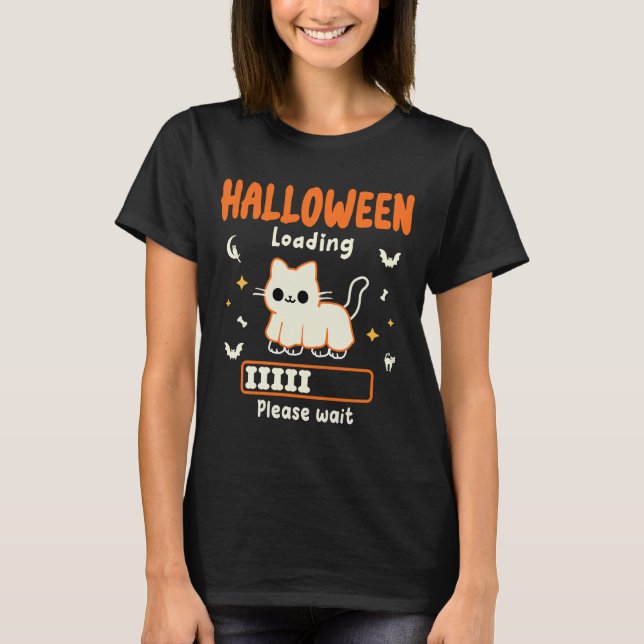 Halloween Loading Please Wait Funny black Cat hall T-Shirt (Front)