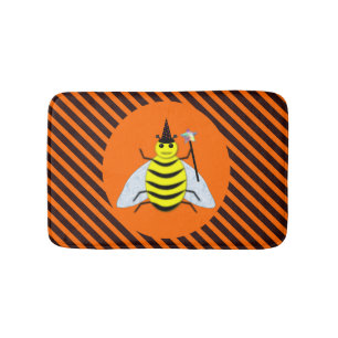 Halloween Magic Bee Witch Orange and Black Stripes Bath Mat
