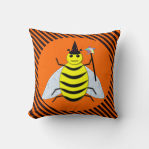 Halloween Magic Bee Witch Orange and Black Stripes Cushion