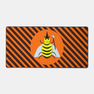 Halloween Magic Bee Witch Orange and Black Stripes Desk Mat