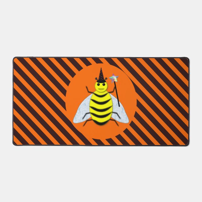 Halloween Magic Bee Witch Orange and Black Stripes Desk Mat (Front)