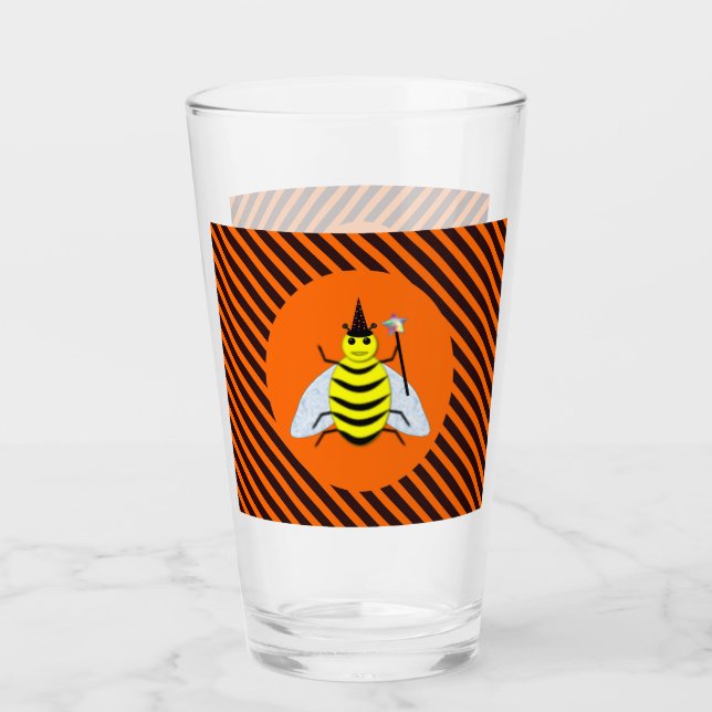 Halloween Magic Bee Witch Orange and Black Stripes Glass (Front)