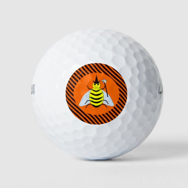 Halloween Magic Bee Witch Orange and Black Stripes Golf Balls (Front)