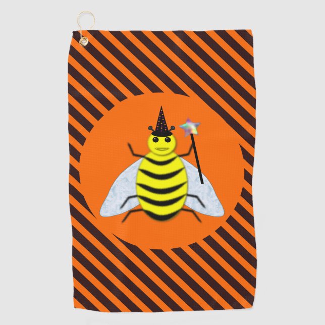 Halloween Magic Bee Witch Orange and Black Stripes Golf Towel (Front)