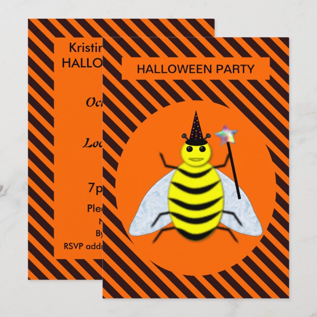 Halloween Magic Bee Witch Orange and Black Stripes Invitation (Front/Back)