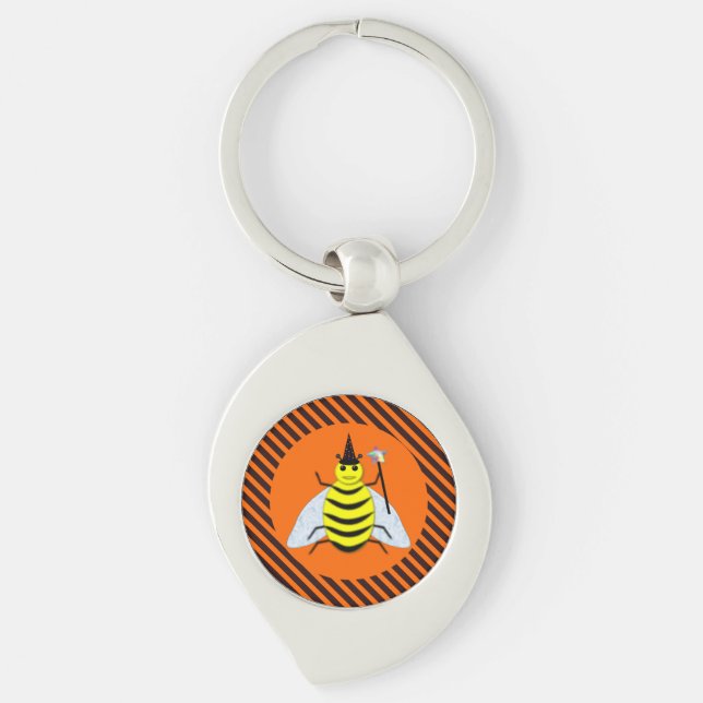 Halloween Magic Bee Witch Orange and Black Stripes Key Ring (Front)