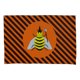 Halloween Magic Bee Witch Orange and Black Stripes Pillowcase