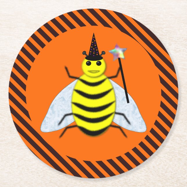 Halloween Magic Bee Witch Orange and Black Stripes Round Paper Coaster (Front)