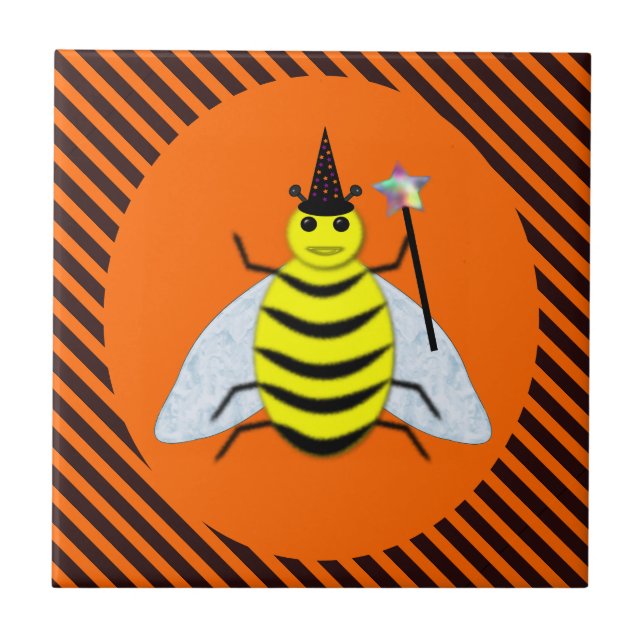 Halloween magic Bee Witch Orange and Black Stripes Tile (Front)