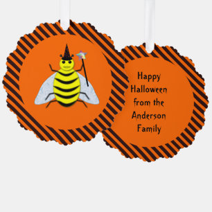 Halloween Magic Bee Witch Orange and Black Stripes Tree Decoration Card