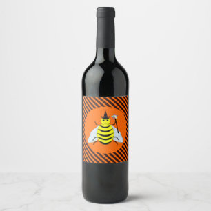 Halloween Magic Bee Witch Orange and Black Stripes Wine Label