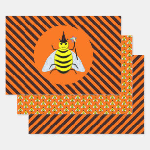 Halloween Magic Bee Witch Orange and Black Stripes Wrapping Paper Sheet