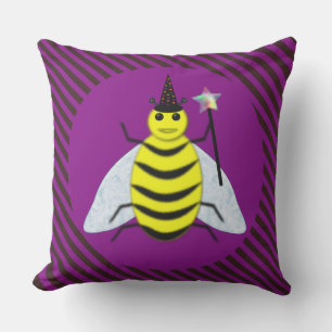 Halloween Magic Bee Wizard Purple and Black Stripe Cushion